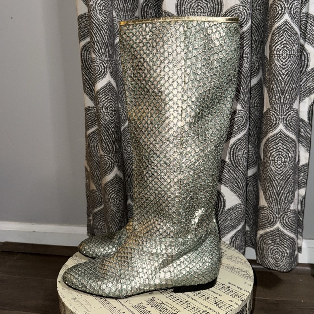 Carlos Falchi Mint Green Python Flat Boots - image 3